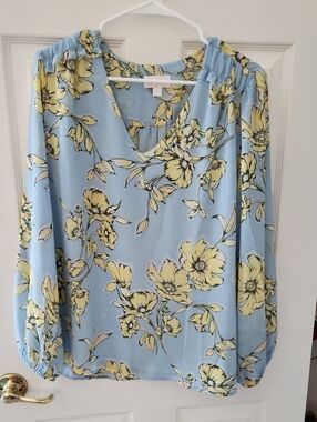 BELLE BY KIM BY KIM GRAVEL LARGE  BLOUSE TOP BLUE AND YELLOW LINED POLYESTER
